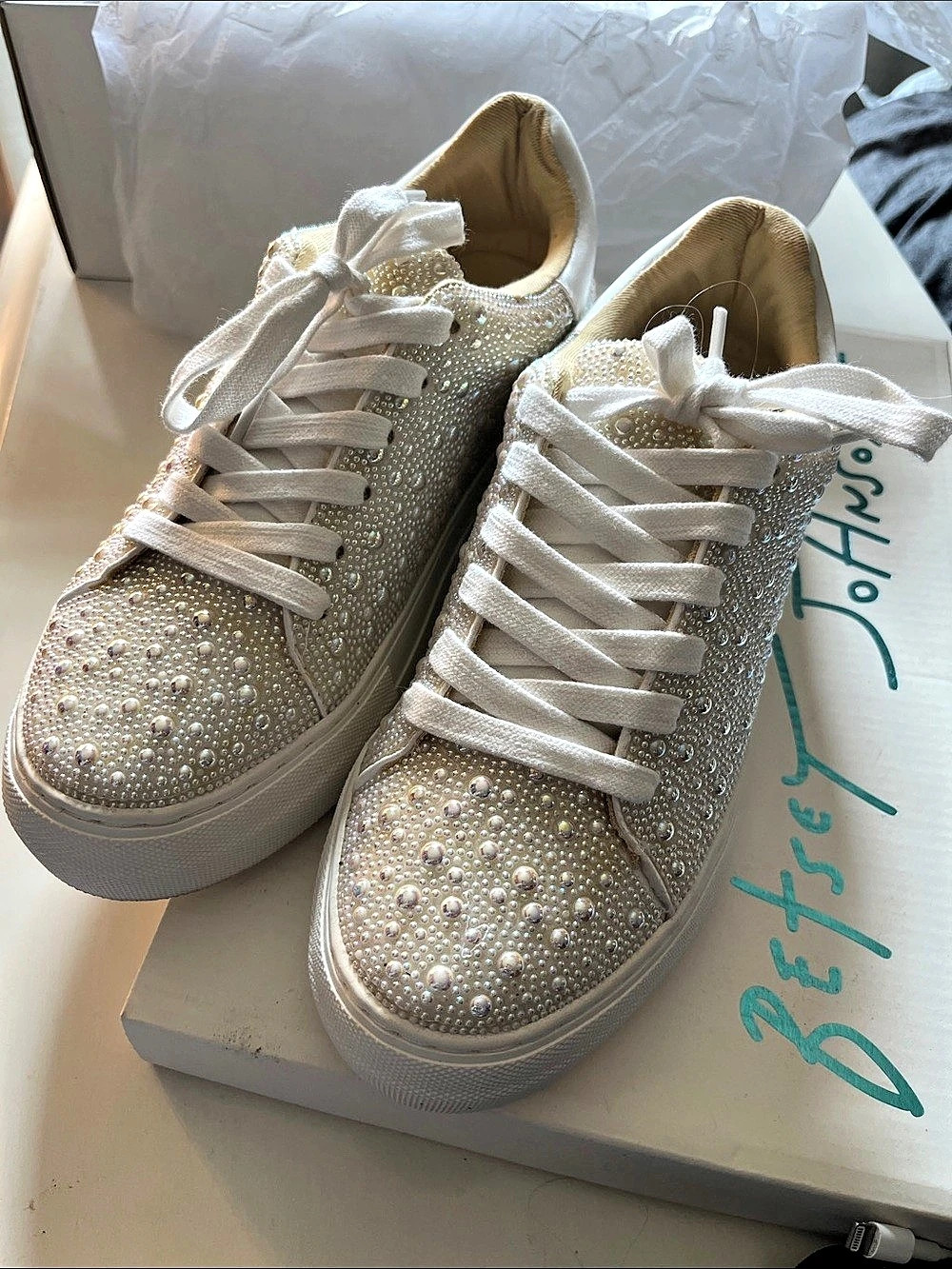 Betsey Johnson Sidny Pearl Embellished Platform Sneaker Sneakers White & Silver